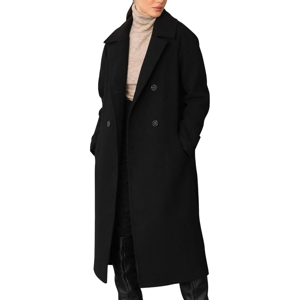 Womens Long Pea Coat Notch Lapel Double Breasted Trench Coat Fall Winter Overcoa